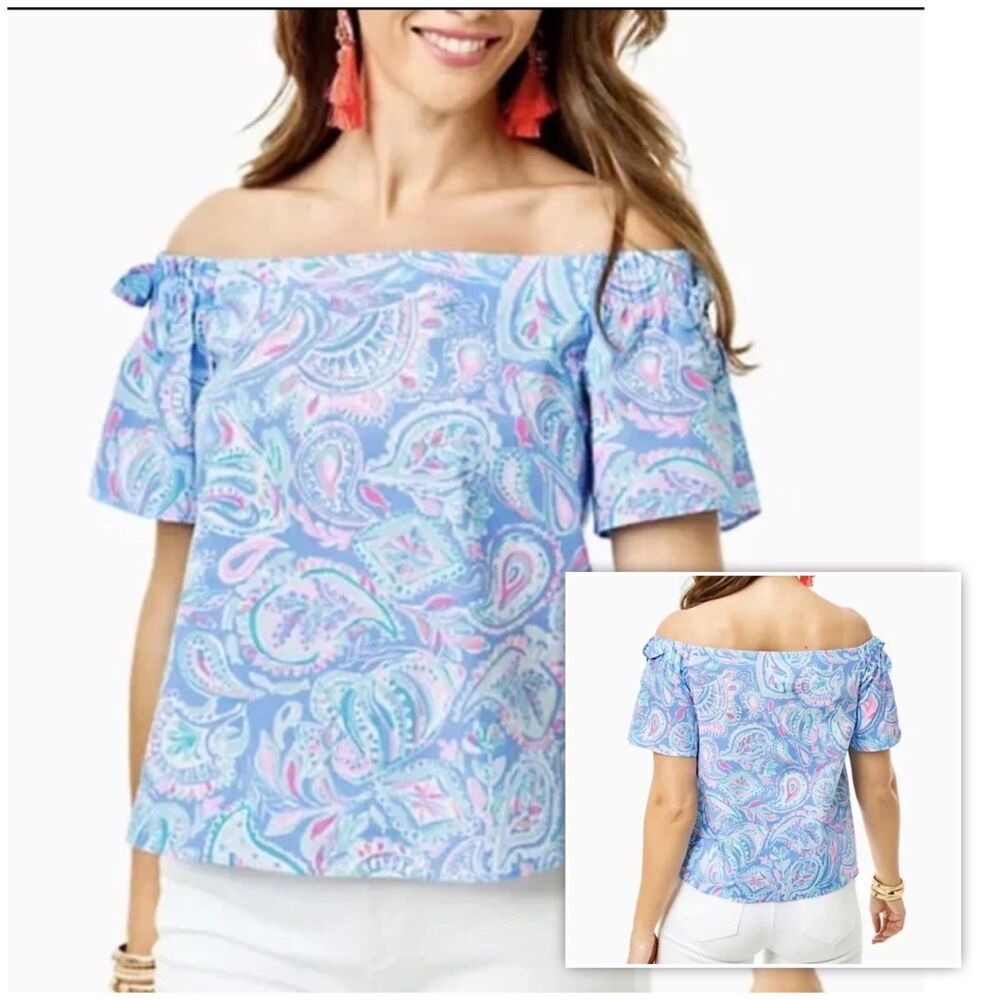 Lilly Pulitzer Tamara Top Womens XL Blue Pink Fish Kisses Off Shoulder Resort